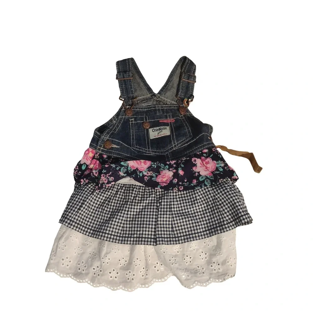 OshKosh Bgosh Girl Denim Tiered Jumper Dress Floral Gingham Eyelet 18M‎ Vestbak
